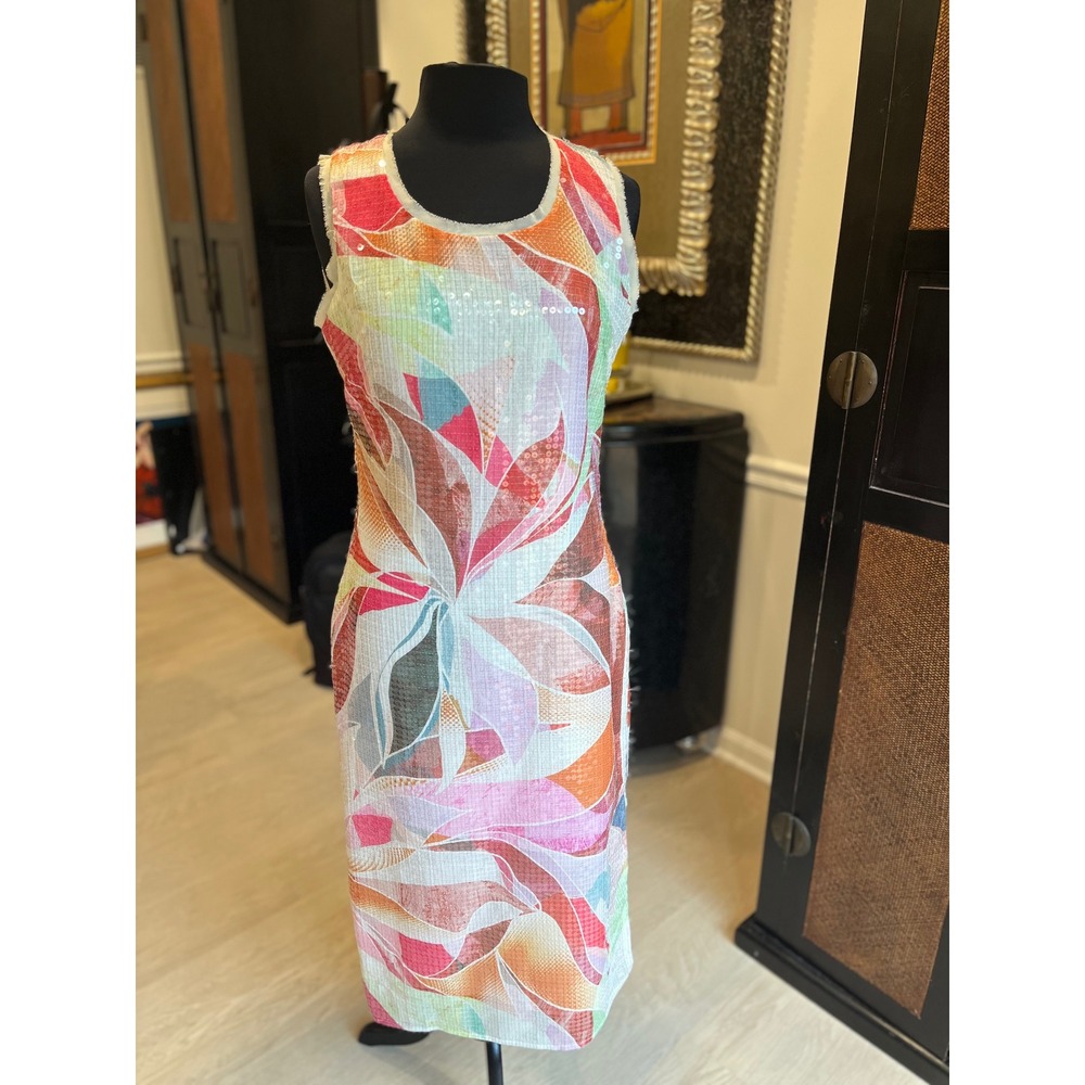 CIEBON Women Abstract Floral Sequin Midi Dress Cream Multi Size M NWT